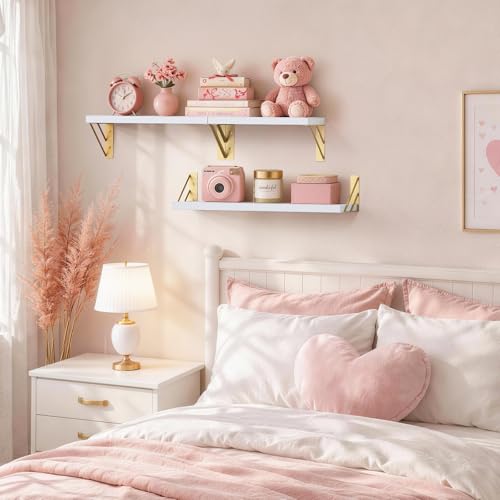 BAYKA Wall Shelves for Bedroom Decor, Floating Wall Shelves for Living Room Kitchen Storage, Wall Mounted Rustic Wood Shelves for Kids Books,Corner Shelves for Bathroom(White and Gold,Set of 3) - color: B. White Board & Gold Brackets, size: 16-inch Mixed