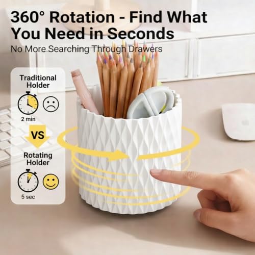 White Pen Holder for Desk, 360° Rotating Pencil Organizer, 5 Slots | Spinning multi-use organizer holds pens, makeup brushes, art supplies & markers — desk caddy for office, classroom or vanity - color: White - 5 Slots