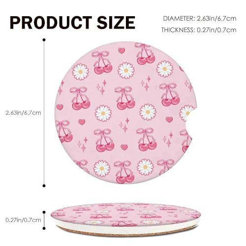Pink Bow Cherry Car Coasters Set of 2 for Cup Holder 2.63" Daisy Absorbent Ceramic Cup Coaster Non-Slip Cork Base Drink Coasters with Finger Notch Car Accessories Interior for Girls Women - color: Pink