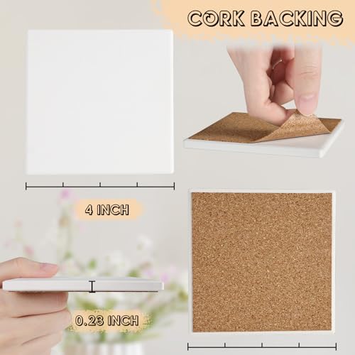 Ceramic Tiles for Crafts, GOH DODD 24 PCS Unglazed Blank Coasters with 24 PCS Cork Backings for Painting, Alcohol Ink, Acrylic Pouring, Decoupage, Arts, DIY Craft Gifts, Square, 4 Inch, White - color: Square, size: 24 Pieces