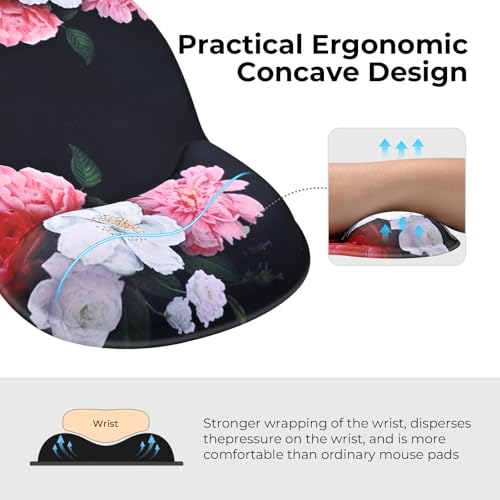 EooCoo Ergonomic Mouse Pad with Gel Wrist Rest Support Middle Concave Design, Relieve Wrist Pain Mousepad, Non-Slip Base for Laptop, Computer, Office Desk Accessories, Carpal Tunnel Syndrome - color: Black Flower