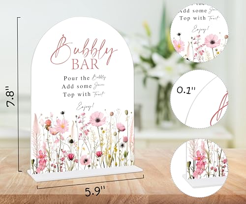 Pink Flower Bubbly Bar Sign, Bar Decoration, Bridal Shower Decor, Wedding Reception Decorations, Bridal Shower Centerpieces for Tables, Engagement Party Decor, Arch Acrylic Wedding Sign With Base-4 - color: Bubbly Bar04