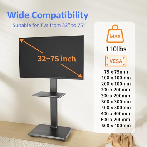 Rolling TV Stand, Mobile TV Cart for 32-75 Inch TVs up to 110 lbs, 18 Adjustable Heights, TV Floor Stand with Swivel Mount & Shelf, Max VESA 600x400mm, TV Stand on Wheels for Bedroom, Office, Outdoor - style: 2-GM-A02