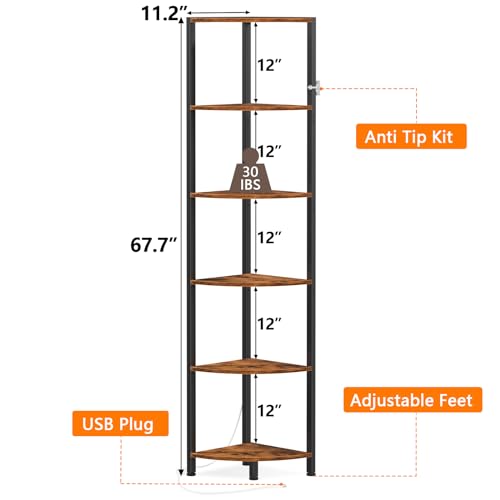 Furnulem 6 Tier Corner Shelf with LED Light, 67.5” Tall Standing Shelf Organizer, Narrow Bookshelf with Storage Rack for Wall Corner, Living Room, Bedroom, Metal Frame, Wood Display Shelf - color: Rustic Brown