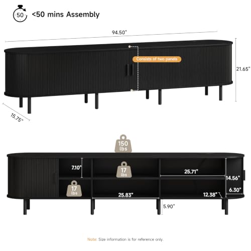 ONBRILL 94.5" TV Stand with Power Outlet for TVs up to 102 Inch, Entertainment Center with Storage and Adjustable Shelves, Modern Media Console with Sliding Doors for Living Room, Black - color: Black, size: 94.5 Inch