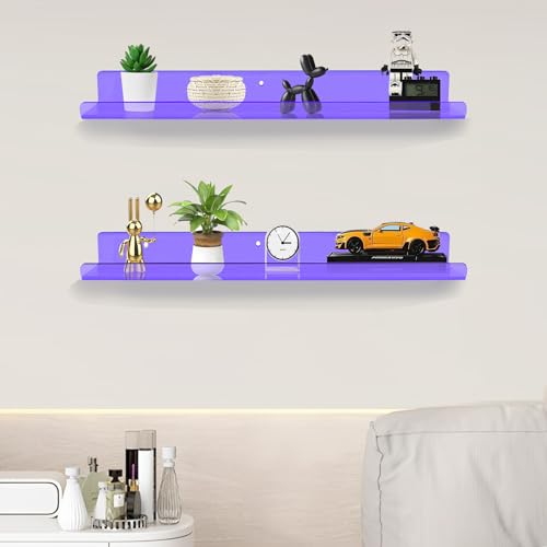 ROYALITA 24 Inches Acrylic Floating Book Shelves Wall Mounted Set of 2, Wall Hanging Plant Display Shelves, Room Decor Floating Wall Shelves for Gaming Room, Bedroom, Living Room, Office, Purple - color: Purple, size: 24 Inch