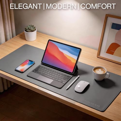 POCHAR Vegan Leather Desk Mat 31" x 16" - Desk Pad Protector for Desktop | Non-Slip PU Leather Dual-Sided Office Desk Blotter for Laptop Mouse Keyboard - Waterproof Writing Signing Pad, Gray - color: Gray