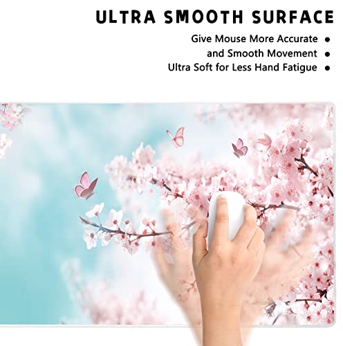Extended Large Gaming Mouse Pad Dreamy Romantic Pink Sakura Butterflies XXL Size Keyboard Mouse Mat Desk Pad with Non Slip Rubber Base Stitched Edges Office Decor for Women Girls Men,35.4 x 15.7inch - color: sakura butterflies