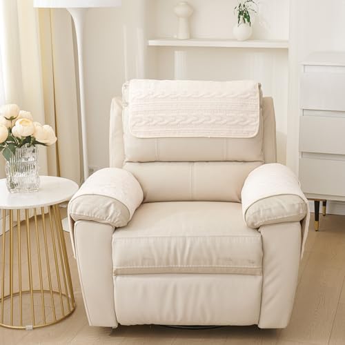 vctops 4 Pieces Velvet Plush Recliner Armrest Cover Headrest Cover with Pockets Soft Fuzzy Non Slip 2 Armchair Slipcovers and 2 Headrest Protector for Recliner Leather Sofa Couch(Beige,2 Seat) - color: Beige, size: 2 Persons Set of 4