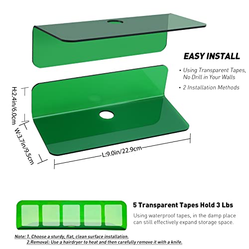 OAPRIRE Wall Mount Shelves Set of 2 for Bedroom, Bathroom, Kids Room & More - Drill Free Acrylic Shelf with Cable Clips, Waterproof Strong Adhesive, Easy to Install (Emerald) - color: Emerald