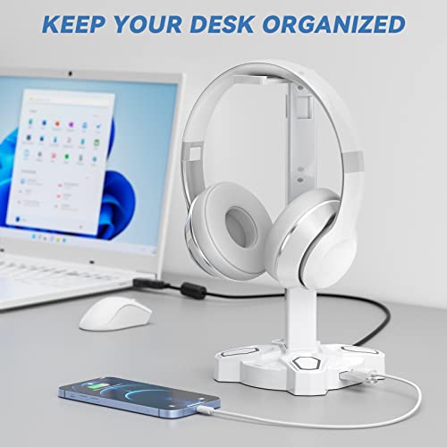 KDD Gaming Headphones Stand, Rotatable Headset Stand with Light Modes - Controller Holder with 2 USB Charging Ports and 3.5mm - Earphone Hanger Accessories for Desktop Gamer(White) - color: White