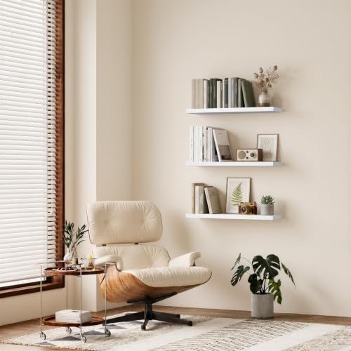 BAYKA White Floating Shelves for Wall, Set of 3, 35.4 Inches Long Wall Mounted Rustic Wood Shelves for Bathroom, Bedroom, Living Room or Kitchen, Hanging Shelf for Book/Storage/Decor, 30lbs Capacity - color: C. White - Modern Minimalist Style, size: 35.4i