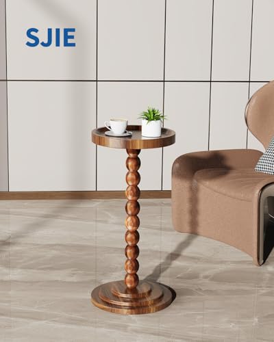 Round Wooden Side Table & Drink Table | Sturdy & Functional Mid-Century Modern Design with Solid Wood Columns for Living Room, Bedroom, Office & More - color: Brown