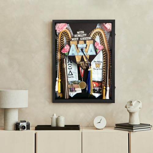 GraduatePro Graduation Shadow Box Frame 18x24 Display Case with Linen Back, Plexiglass Window Door with Hinge, Picture Frame Wedding Bouquet Memorabilia Medals Photos Memory Box for Keepsakes Black - color: Rustic Black, size: 18"x24" (45.7x61.0 cm)