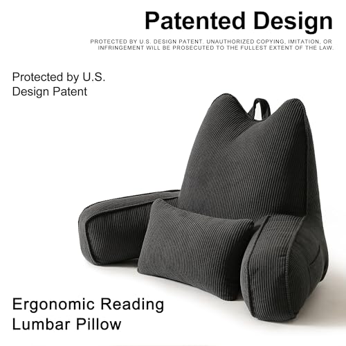 Patented Design Corduroy Bed Rest Pillow with Arms, Back Support Pillow for Sitting in Bed, Detachable Lumbar Support, Large Backrest Cushion for Reading & Relaxing, Lamp Black - color: Lamp Black