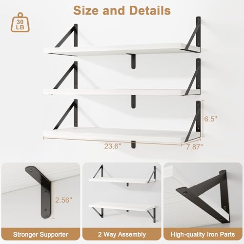 Fun Memories Floating Bookshelves, Set of 3 Wall-Mounted Wood Shelves 24" W x 8" D, Decorative Wall Shelf for Living Room, Bedroom, Bathroom, and Laundry Room (White) - color: White, size: 24"W x 8"D