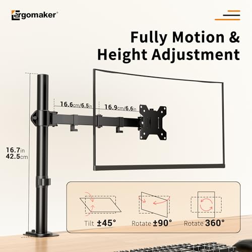 Single Monitor Stand, Arm Monitor Desk Mount for 13" to 27" Screen, Full Adjustable Height, Tilt Swivel Rotate, Holds 22 lbs per Arm, Easy to Install - size: Single Up to 27"