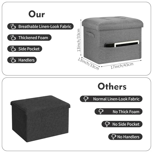Storage Ottoman. Foot Rest Stool with Thicker Foam Padded Seat. Linen Footstool Storage Bench, 350 lbs Folding Bench Small Ottoman for Living Room, Bedroom, Coffee Table. 17x13x13in, Dark Gray - color: Drak Gray, size: 17"D x 13"W x 13"H