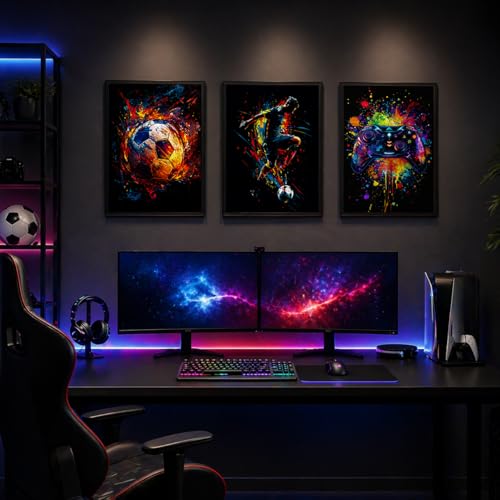 Soccer Gaming Wall Art Set Of 3 Black Framed Canvas Prints Neon Graffiti Soccer Ball Player And Controller Decor For Boys Room Teen Bedroom Game Room 12x16 Inches Each