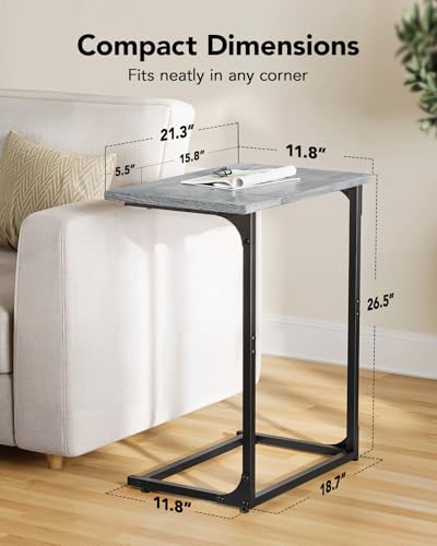 Pipishell C-Shaped Side Table, C Table for Sofa with Two-Piece Desktop & Metal Frame, Large Surface End Table for Living Room, Bedroom, Bedside, Rustic Design, Grey - color: Grey