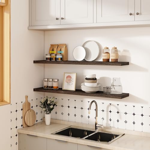 Flat Edge Elm Wood Floating Shelf with Invisible Bracket 48”American Walnut - color: American Walnut, size: 48”,set of 1