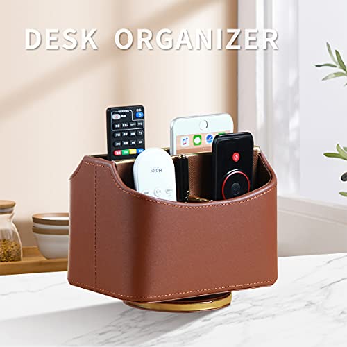 Remote Control Holder, Swivel Desk Organizer and Accessories Decorations for Living Room, PU Leather Room Decor Aesthtic, Bedside Table Organizer Remotes Caddy for TV Controllers/ Stationery - color: coffee