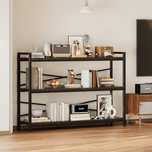 3 Tier Bookcase 47.24" Width, Long Industrial Book Shelf, Vintage Wooden Large Book Shelf for Home Living Room Bedroom Office Storage(Black) - color: Black, size: 3 Tier - 47.2" W