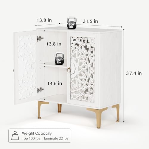 Jiansu furni 31.5" White Sideboard Buffet Cabinet, Mandala Carved Wood Accent Cabinet for Coffee Bar Station, Boho Entryway Storage Cabinet with Gold Legs, Decorative Console Table for Small Spaces - color: White & Gold_2 Doors
