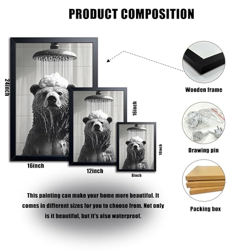 XYHYRA Funny Bear Bathroom Wall Art, Black and White Animal Shower Canvas Print Picture, Cute Bear Taking Bath Poster, Modern Farmhouse Bathroom Restroom Home Wall Decor 12x16 inch Wood Framed - color: Black and White Animation-C, size: 16"L x 12"W