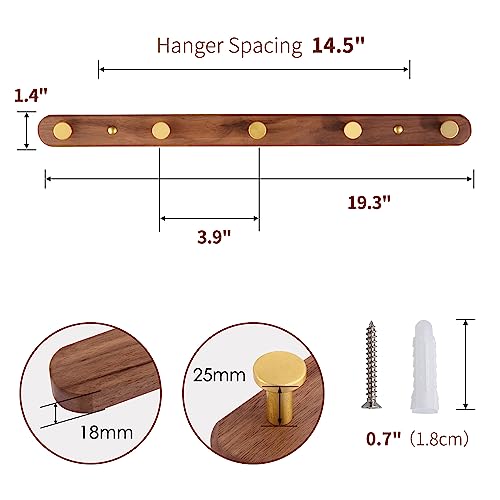 Wall Mounted Coat Rack, Entryway Hanging Coat Rack, Metal Wood Coat Rail with 5 Rustic Hooks Rail for Coat, Scarf, Bag, Towel, Key, Cap, Hat, Walnut Gold Matt - size: 5 Hooks - Round Shape