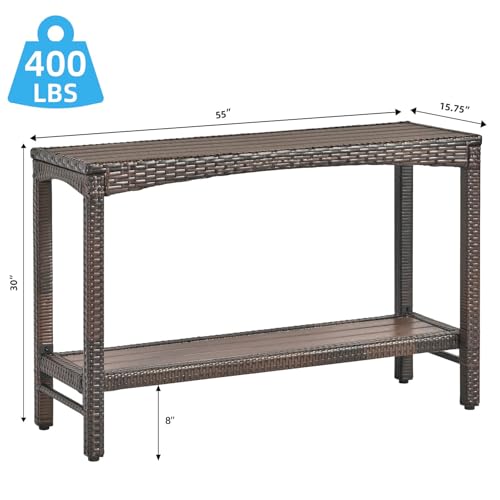 Outdoor Console Table Patio Buffet Bar Storage Organizer 55" Long Wicker Sofa Serving Sideboard Table 2-Shelf Outdoor Narrow Bar Table Tall Rectangle with Adjustable Feet for Entryway Brown - color: Brown-55