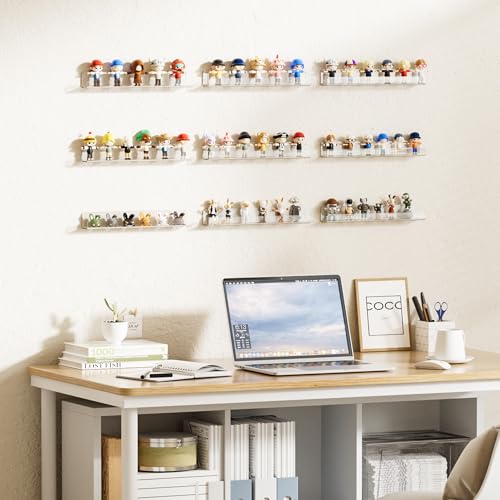 upsimples 6 Pack Narrow Clear Acrylic Shelves, 12" x 1.7" Small Wall Shelf for Nail Polish, Vinyl Wall Mount, Record Holder, Magazine Rack, Comic Display, Picture Ledge Shelf