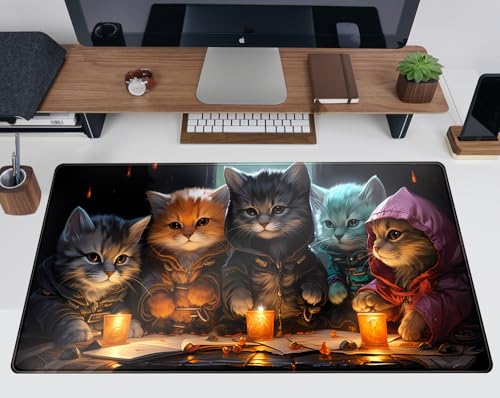 Commander Roleplay Desk Pad Mat Role Gaming XXL Big Mouse Pad Gaming Tabletop Game Gamer Gift - Mousepad XXL Laptop Computer Keyboard Pad with Stitched Edges Anti-Slip Funny Deskpad 31.5x15.7 in - color: Five Cats
