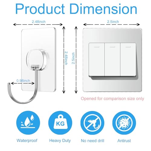 JINSHUNFA Adhesive Wall Hooks 13LB Heavy Duty No Drill Large Transparent Waterproof Hooks for Bathroom Kitchen Towel Coat 8 Pack - color: Clear, size: Large 8 Pcs