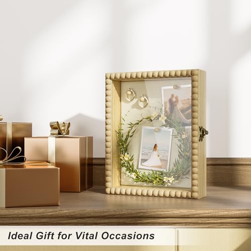 Love-KANKEI Shadow Box Frame 8x10,Wood Deep Shadow Box Display Case with Unique Beads Door and Glass Window, Memory Box for Pictures,Medals,Memorabilia,Collections Natural - color: Natural, size: 8x10
