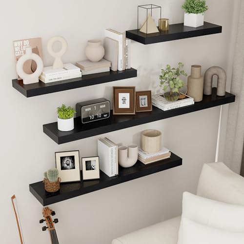 fuqing Floating Shelves for Wall - Black Wood Wall Shelves Set of 3 - Modern Style Wooden Shelves for Room Decor & Storage - color: Black, size: 17 Inch