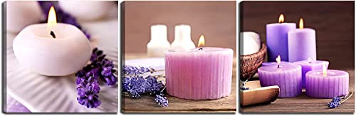 NAN Wind Canvas Art Print, Modern Art, 3pcs Set, 14X14 inches, Purple Floral, Wall Mount, Bathroom Decor - color: lavender candles, size: 14X14inchX3pcs