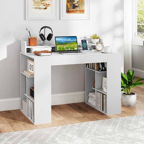 Tangkula Computer Desk with Power Outlets, 43” Home Office Desk with Monitor Shelf & 2 Bookcases, Modern Writing Desk PC Workstation with Type C Charging for Bedroom Dorm (White)