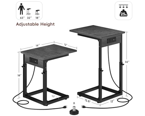 Vagusicc C Shaped End Table with Charging Station, 33" Tall Side Table for Couch, Adjustable Height C Table End Table, Couch Table Slide Under Sofa Table TV Tray Table for Living Room, Gray Walnut - color: Gray Walnut, style: Charging Station