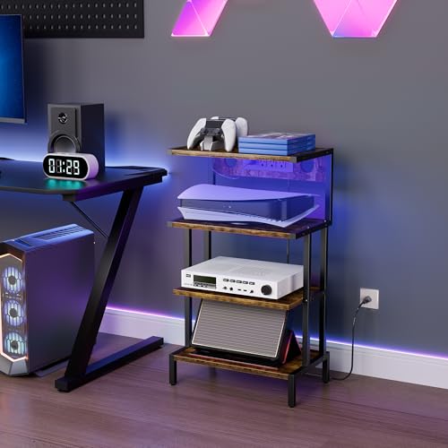 Aquzee Video Game Console Shelf, Stereo Racks - Media Stand with Outlet & Led Strip Light, 4-Tier Gaming Shelf for PS4 PS5 Xbox Games Organizer, Small Entertainment Center, AV Media Stand for CD DVD - color: Brown, size: Regular model (with outlet and lig