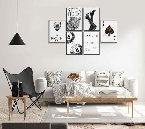 6pcs Stylish Black White Leopard Print Poster Wall Art Fashionable Lucky 8 Ball Painting Picture Wall Decor Cheetah Disco Ball Poster Print Artwork for Girls' Bedroom Apartment Dorm Home Decoration