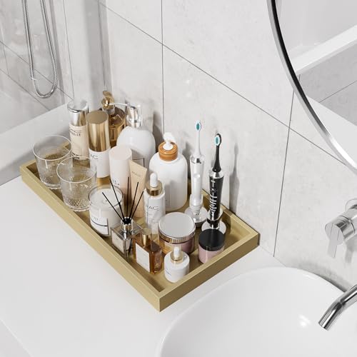 ZHWS Gold Bathroom Vanity Tray for Countertop Perfume Makeup Jewelry Candle Decor, Kitchen Tray for Soap Dispenser Spice Salt, Large Gold Tray for Toilet Tank Paper, Serving Nightstand 13”x6.5” - color: Gold, size: 13" x 6.5" x 1.1"