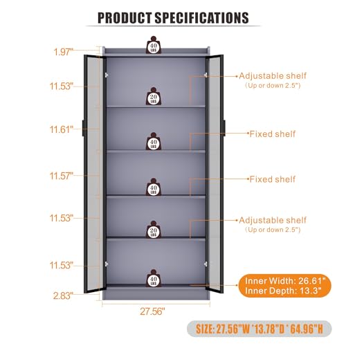Dystler 65" Tall 5-Tier Display Cabinet with Doors and Adjustable Shelves | Curio Case Bookcase for Collectibles & Models, Motion Sensor LED Lights for Bedroom Living Room Office, Grey - color: Grey-smoked Black Doors