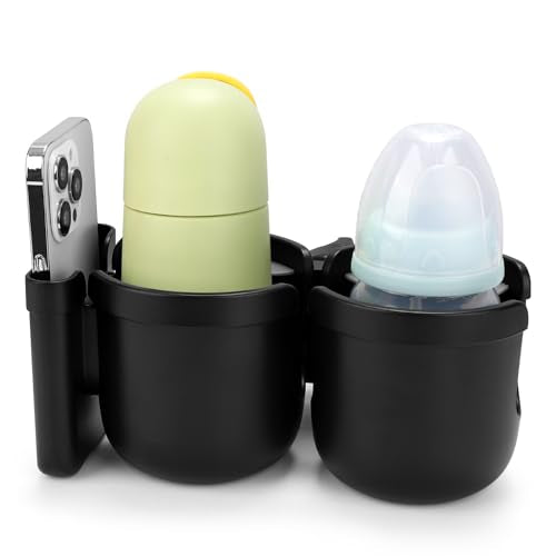 Accmor Stroller Cup Holder with Phone Holder, Bike Cup Holder, Universal Cup Holder for Uppababy Nuna Doona Strollers, 2-in-1 Cup Holder for Walker, Wheelchair, Scooter - color: Double Holder-All Black