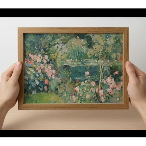 Vintage French Country Garden Framed Wall Art – Floral Pond Oil Painting Style Canvas Print – Waterproof Gallery Wrapped Decor for Bedroom Living Room Office 16x24in - color: chitang, size: 24"L x 16"W