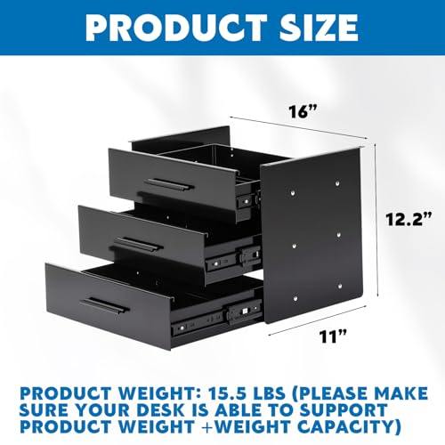 Menkxi 16'' Under Desk Drawer Slide-out Steel Under Counter Drawers Storage Organizer Large Hidden Pull-out Tray for Table Desks Home Office Workstation(Black,3 Layer) - color: Black, style: 3 Layer