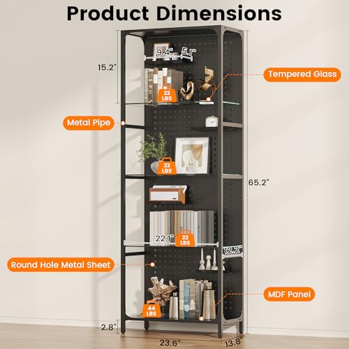 Saudism Glass Display Shelf for Collectibles, LED Black Shelf, Curio Cabinet, Lighted Tall Narrow Shelf with Pegboard Steel Frame for Gaming Room, Floor Lamp with Shelves, Living Room, Bedroom, Large - color: Black, size: Large
