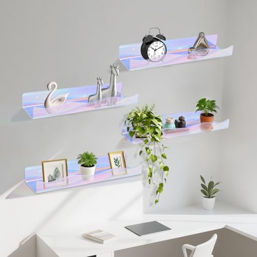 Wall Mount Acrylic Shelf 15 Inch Floating Shelf for Wall Decor Plants Books Records Colorful Display Shelf with Mounting Hardware Bathroom Bedroom Living Room Storage Organization(6, iridescent) - color: Iridescent