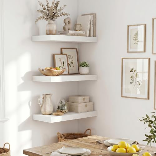 Fun Memories Wood Floating Shelves 20 Inch, 10 Inch Deep Shelves Wall Mount, Wall Shelves with Invisible Bracket, 20" Floating Shelves for Living Room Bathroom Bedroom, White, Set of 2 - color: Modern White, size: 20W x 10D x 1.5H