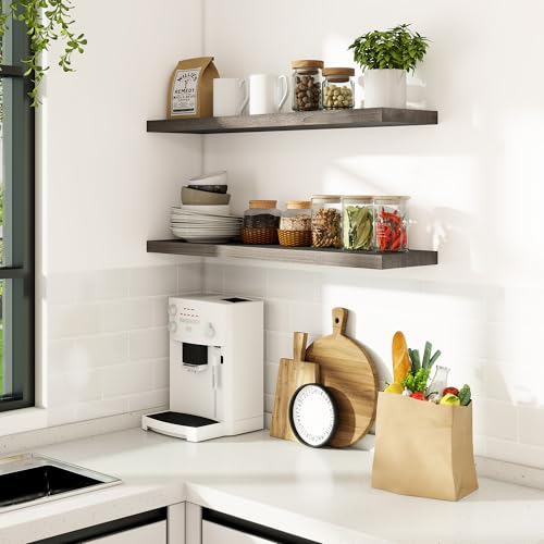 Vivelove Flat Edge Elm Wood Floating Shelf with Invisible Bracket 36”Grey - color: Grey, size: 36”,set of 2